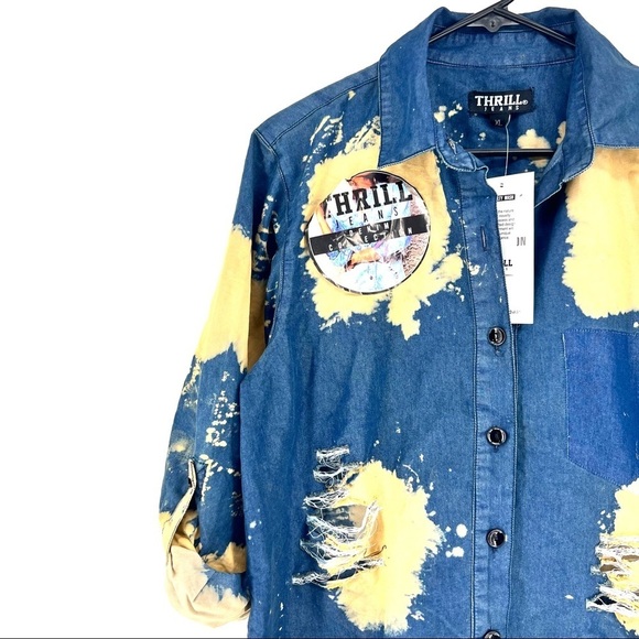 Thrill Jeans Novelty Wash Women's Distressed Hi Low Button Down Shirt - Picture 2 of 5